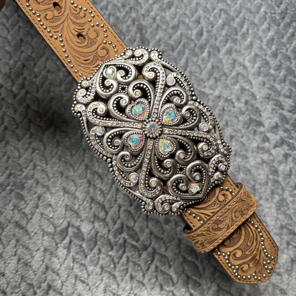 Tony Lama Women Western Belt 30 Tooled Leather Studded Rhinestone Buckle Bling‎ - Picture 1 of 8